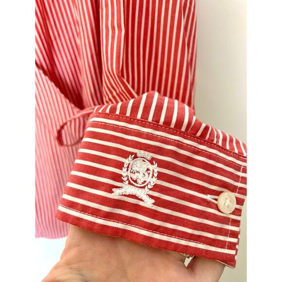 Tommy Hilfiger Red White Stripe Wrap Blouse Womens 1X Cotton Long Sleeve Preppy - Picture 11 of 12
